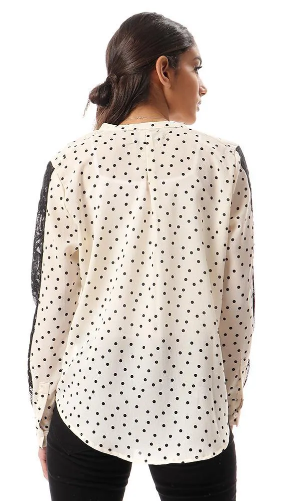 56914 Polka Dots Shirt With Lace Sleeves - Cream