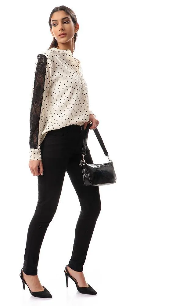 56914 Polka Dots Shirt With Lace Sleeves - Cream