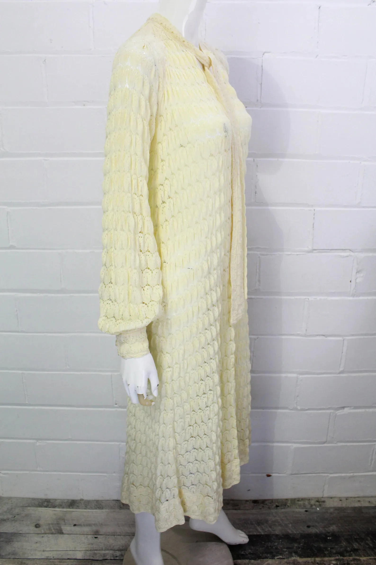 80s Rare Jean Muir Cream Knit Crochet Maxi Dress with Bishop Sleeves, B36