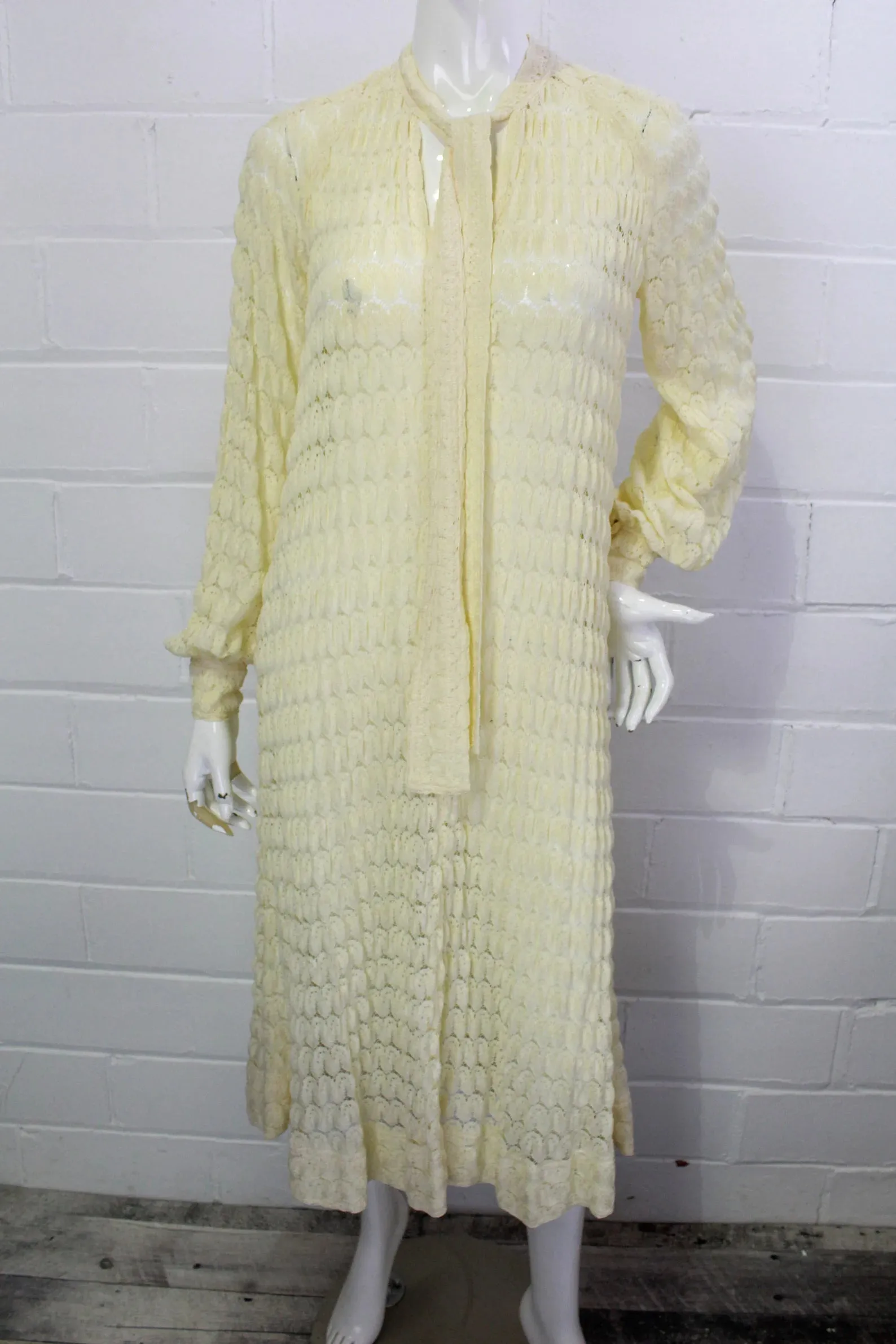 80s Rare Jean Muir Cream Knit Crochet Maxi Dress with Bishop Sleeves, B36