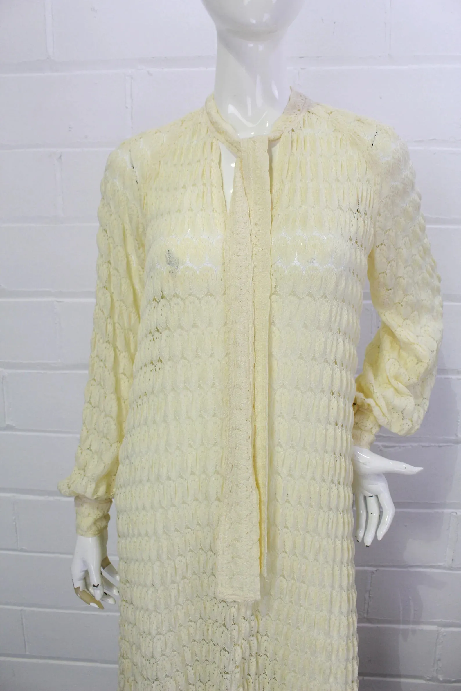 80s Rare Jean Muir Cream Knit Crochet Maxi Dress with Bishop Sleeves, B36