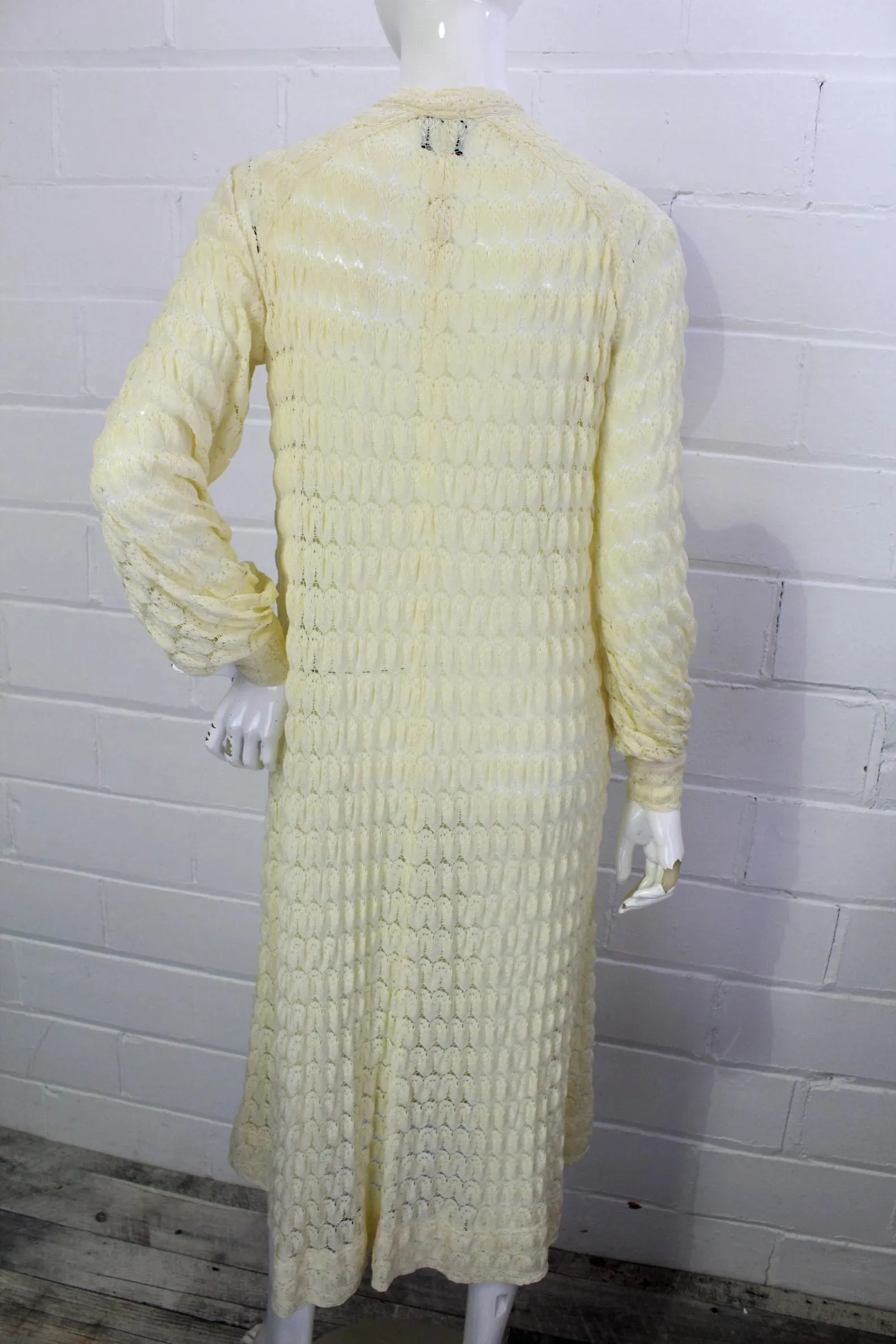 80s Rare Jean Muir Cream Knit Crochet Maxi Dress with Bishop Sleeves, B36