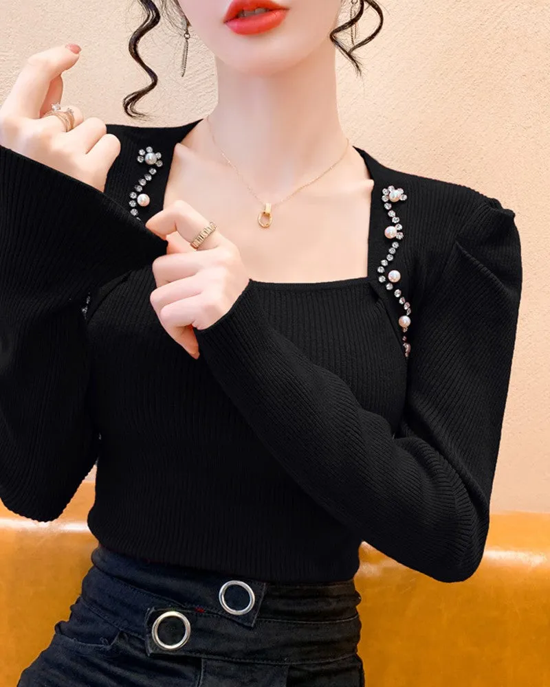 Asymmetrical Neck Rhinestone Knit Sweater