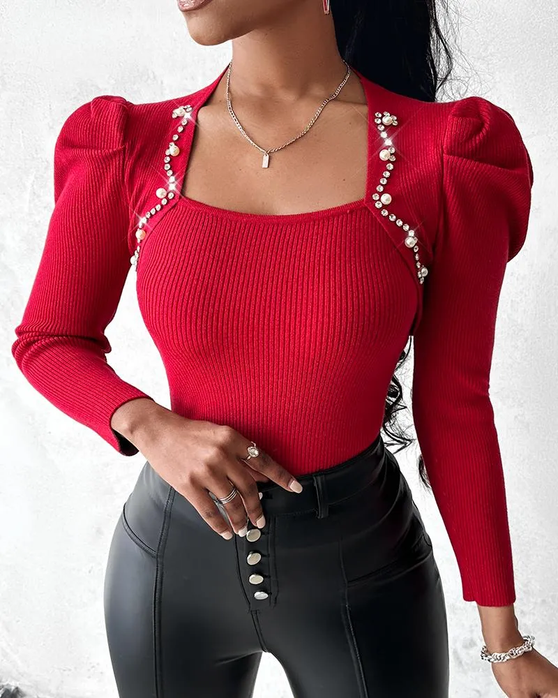 Asymmetrical Neck Rhinestone Knit Sweater