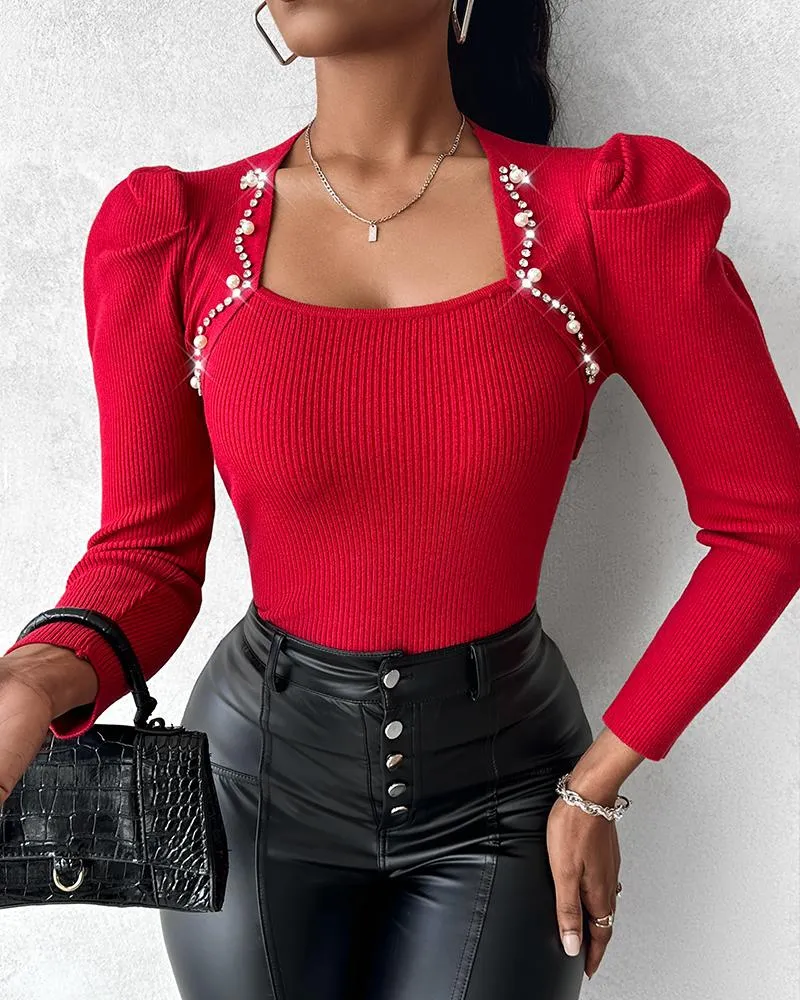 Asymmetrical Neck Rhinestone Knit Sweater