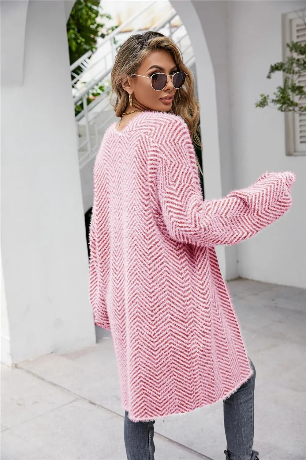 Aubrey Herringbone Pattern Open Front Longline Fuzzy Cardigan