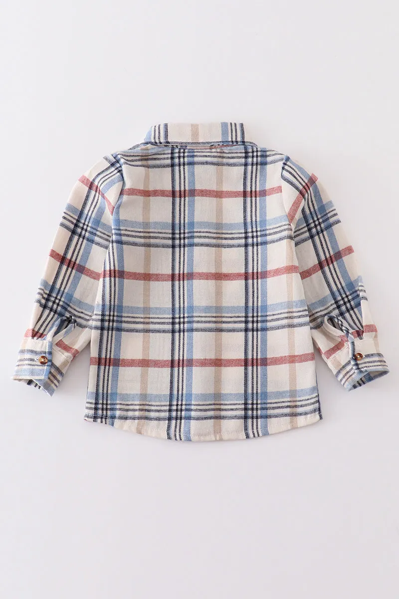 Blue plaid button down boy shirt