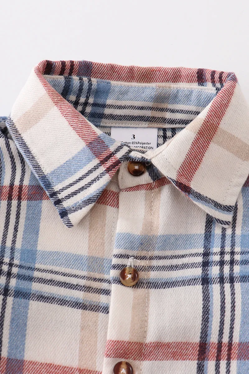 Blue plaid button down boy shirt