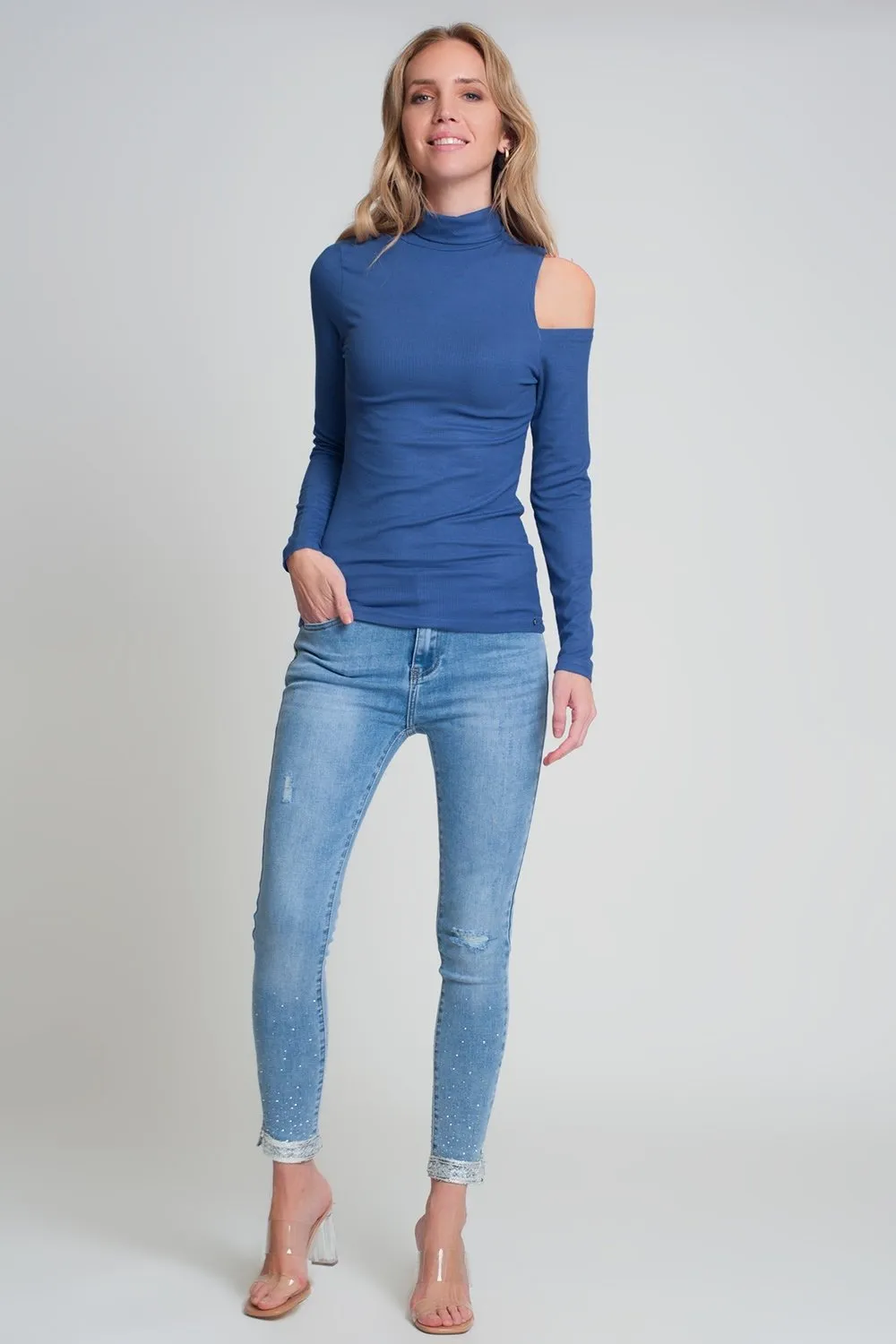 Blue Sweater with One Open Shoulder and High Neck