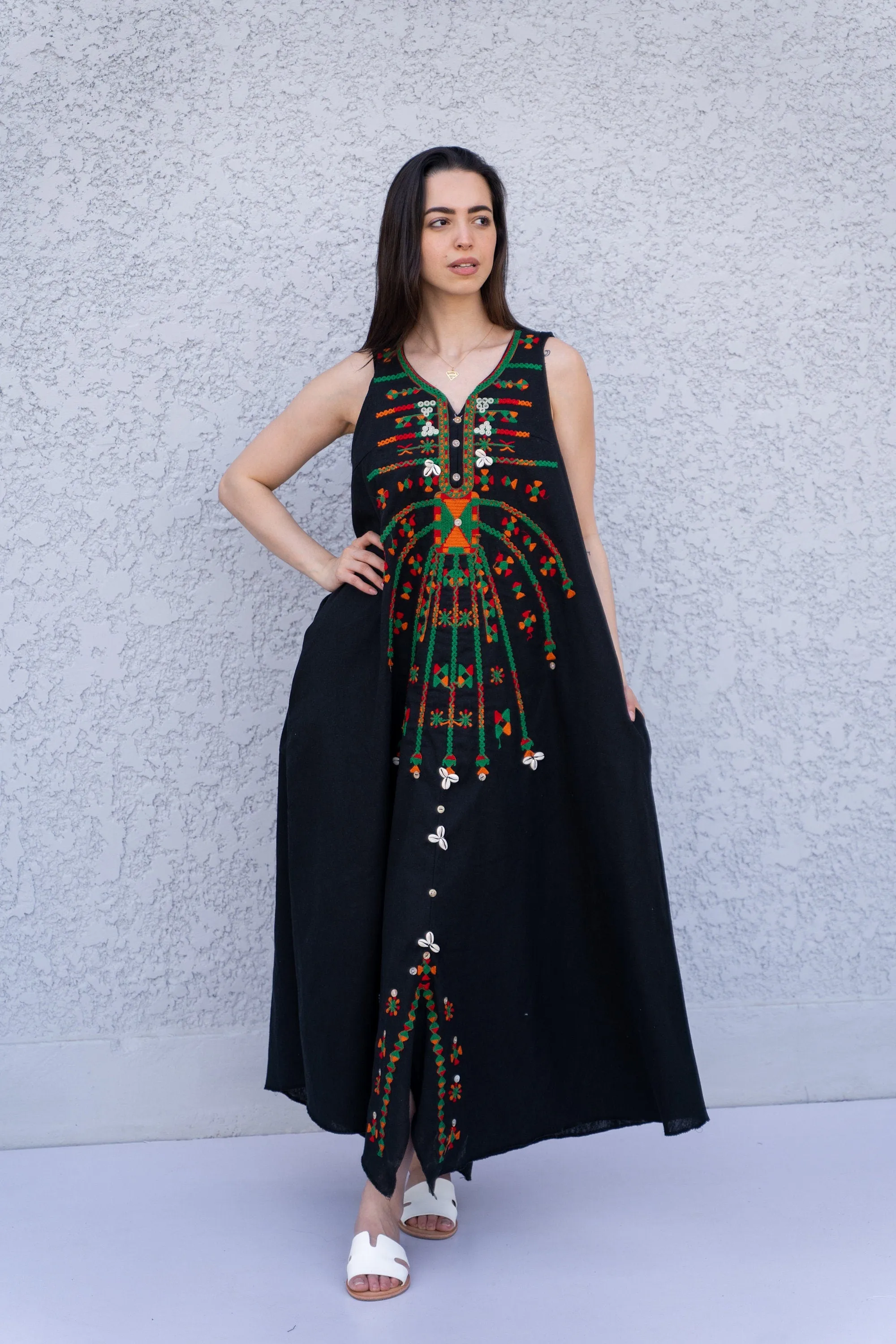 Bohemian Black linen caftan dress, Siwa embroidered kaftan dress, boho caftan, Summer Kaftan, Linen Caftans for women, caftans for women