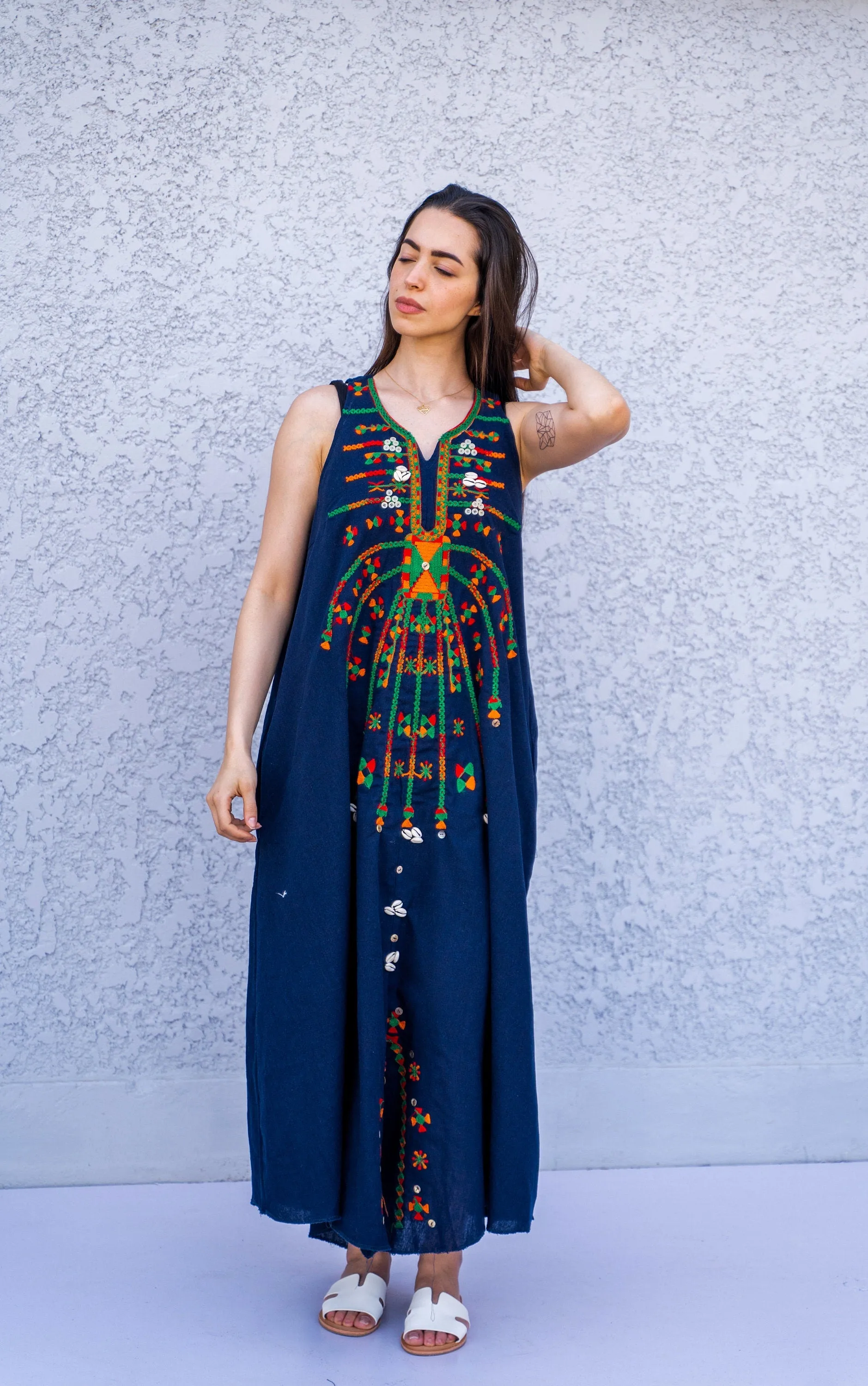 Boho Navy blue linen caftan dress, Siwa embroidered kaftan dress, boho caftan, Summer Kaftan, Linen Caftans for women, caftans for women