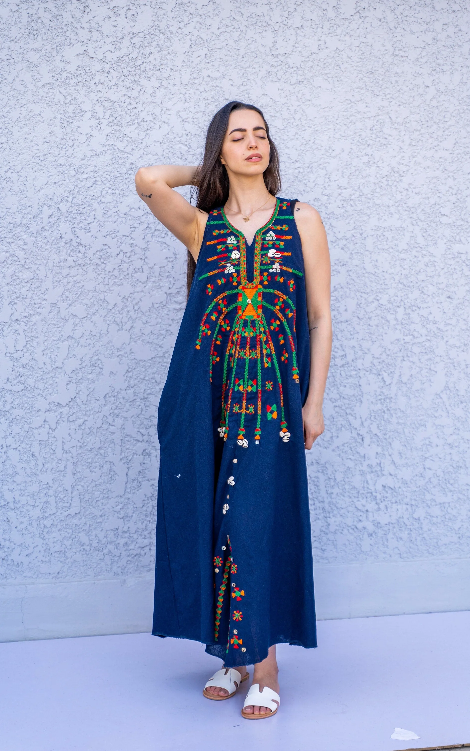 Boho Navy blue linen caftan dress, Siwa embroidered kaftan dress, boho caftan, Summer Kaftan, Linen Caftans for women, caftans for women