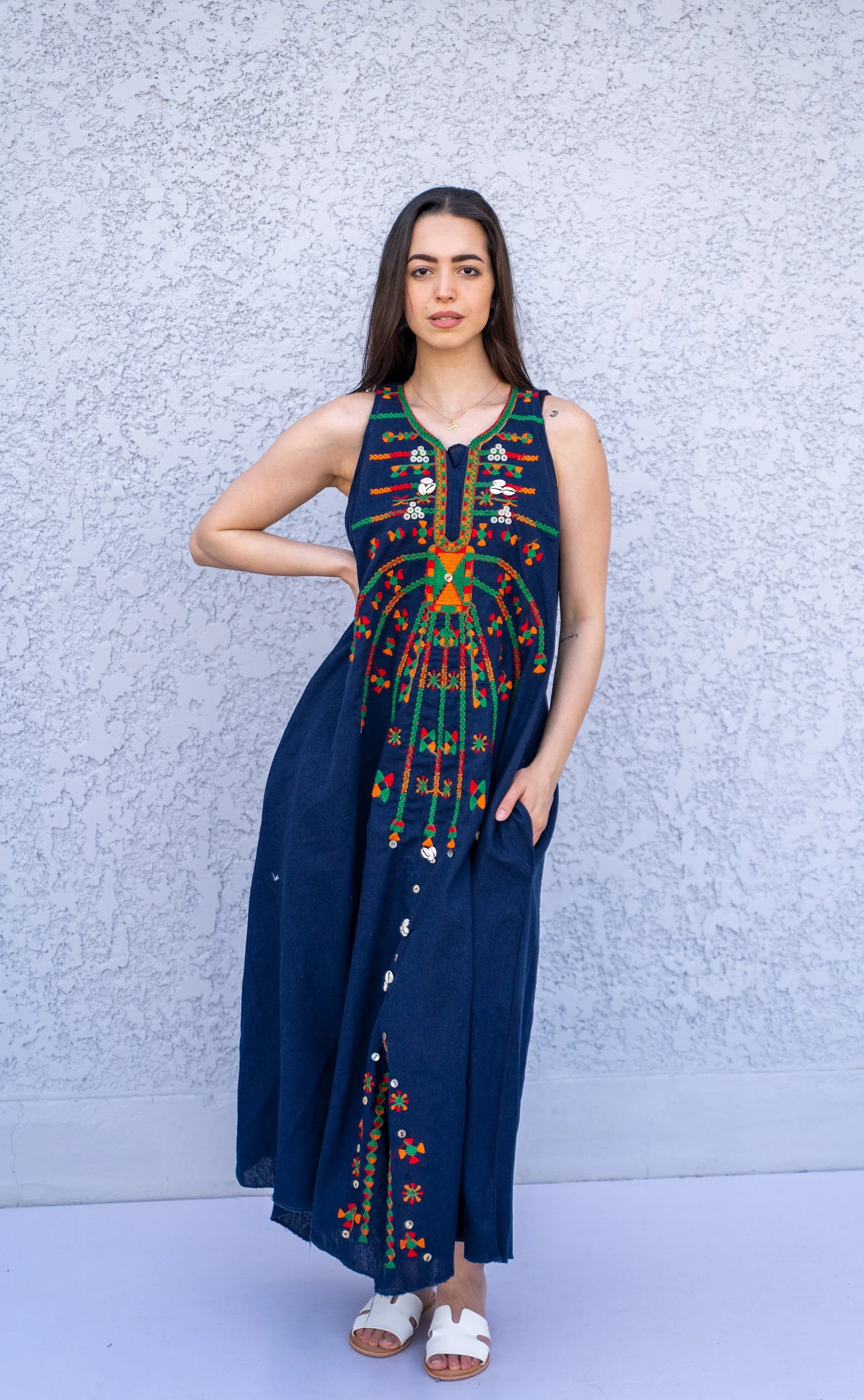 Boho Navy blue linen caftan dress, Siwa embroidered kaftan dress, boho caftan, Summer Kaftan, Linen Caftans for women, caftans for women