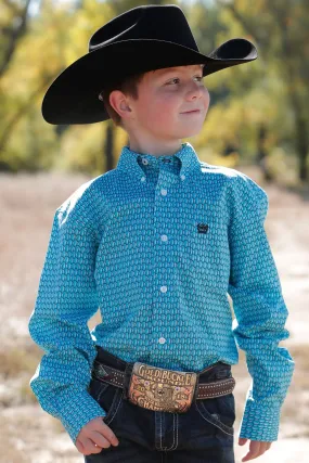 BOYS TURQUOISE PRINT CINCH LONG SLEEVE SHIRT