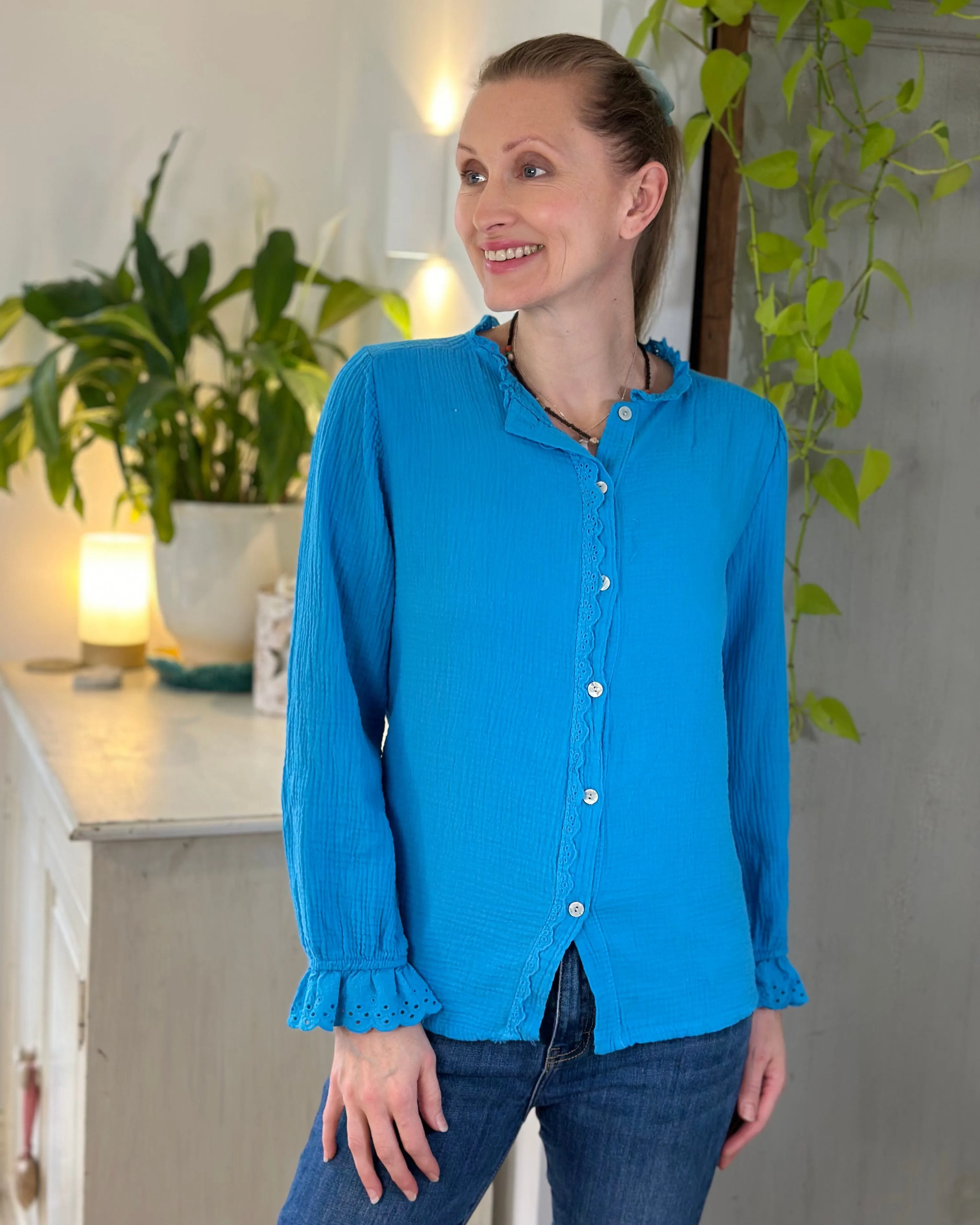 Cheesecloth Frill Shirt - Blue