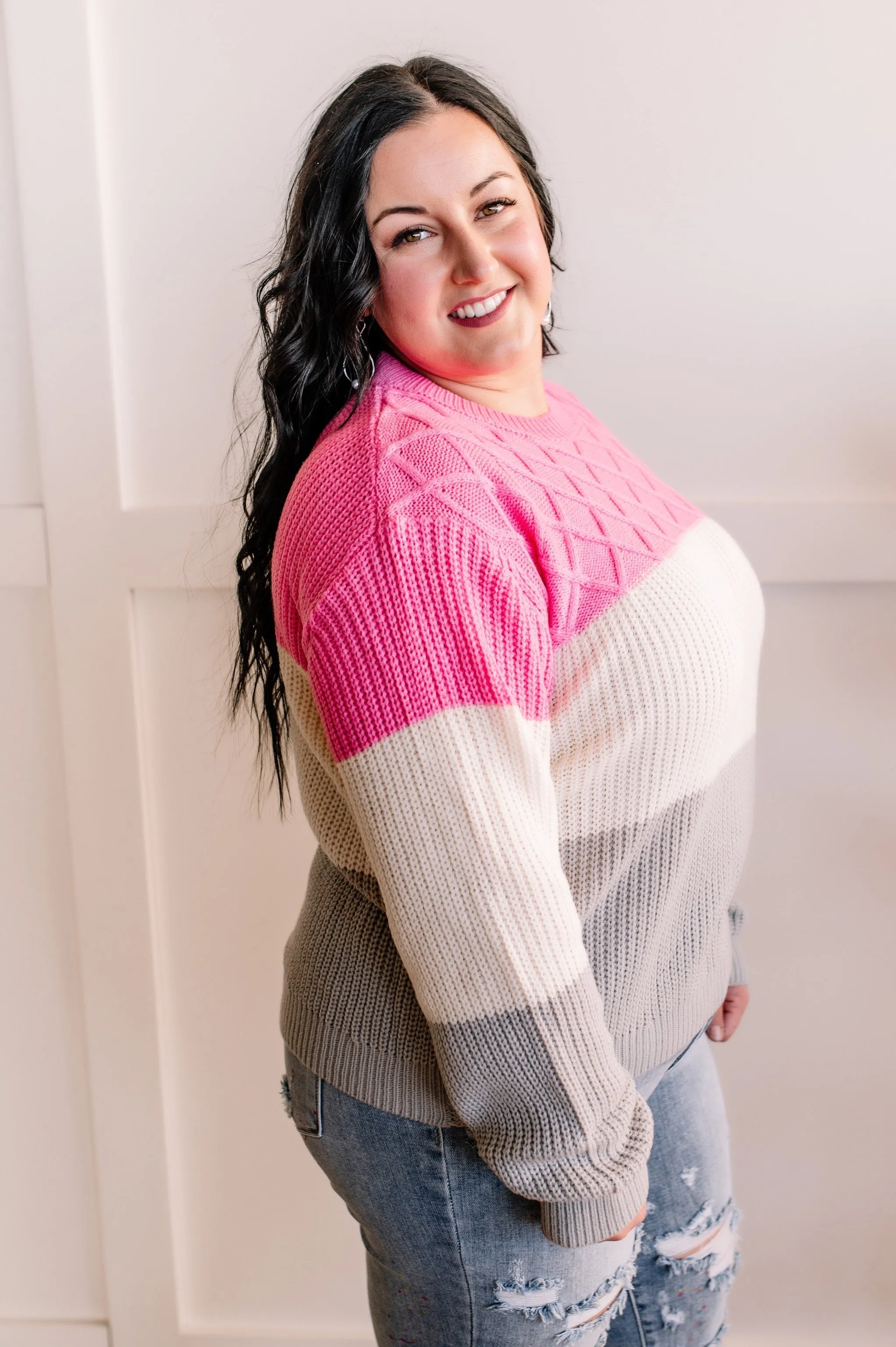 Colorblocked Woven Sweater in Pink, Gray & Ivory