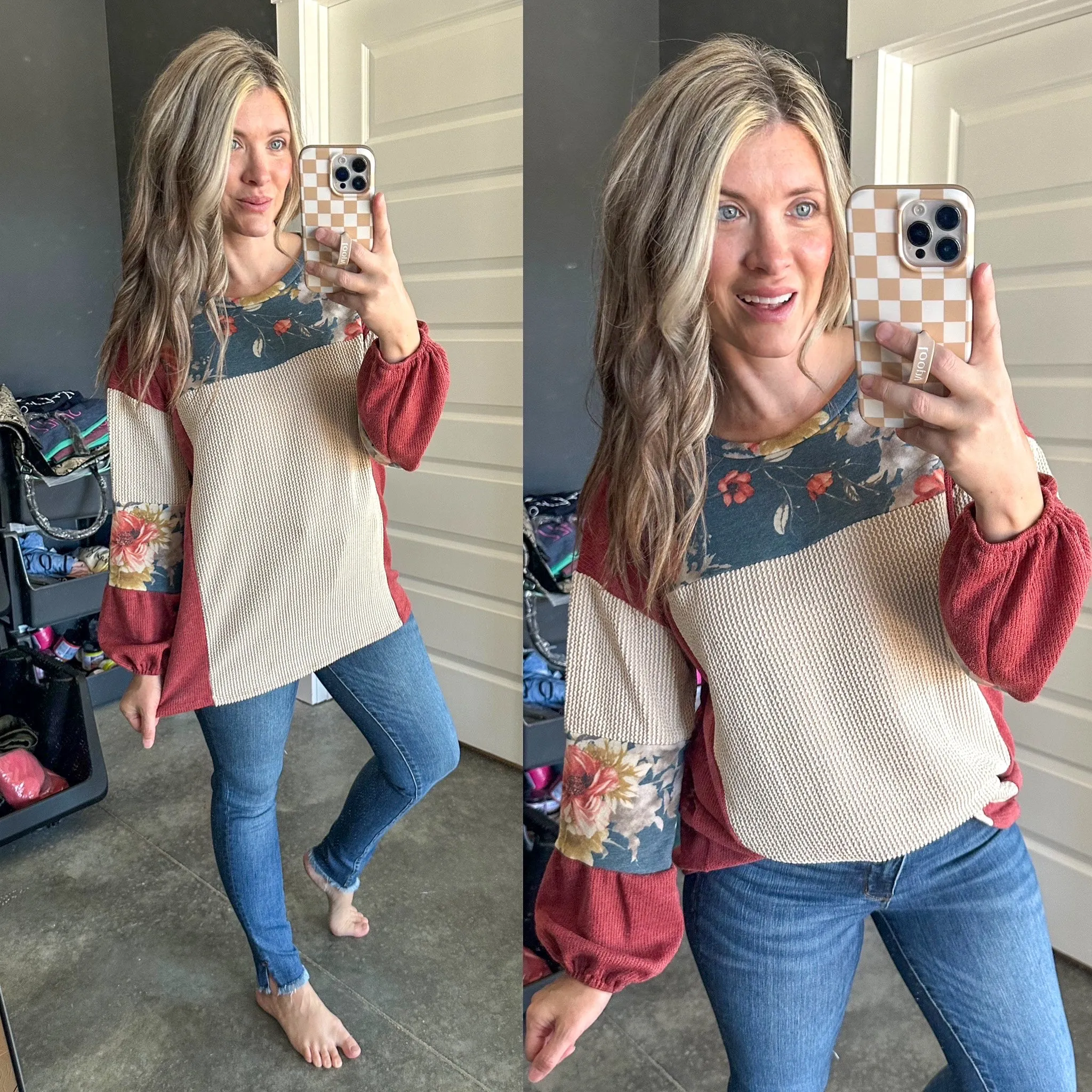 Cream Color Block Top In Rustic Fall Florals