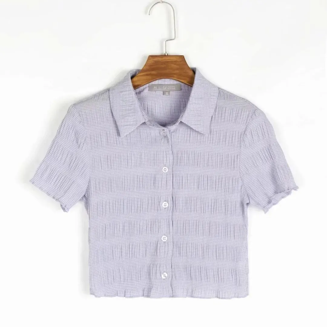 Fashion Ruched Buttons Purple Blouse