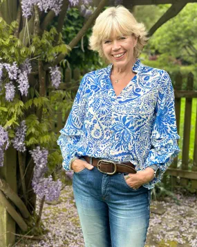 Flower Print Spanish Sleeve Blouse - Royal Blue