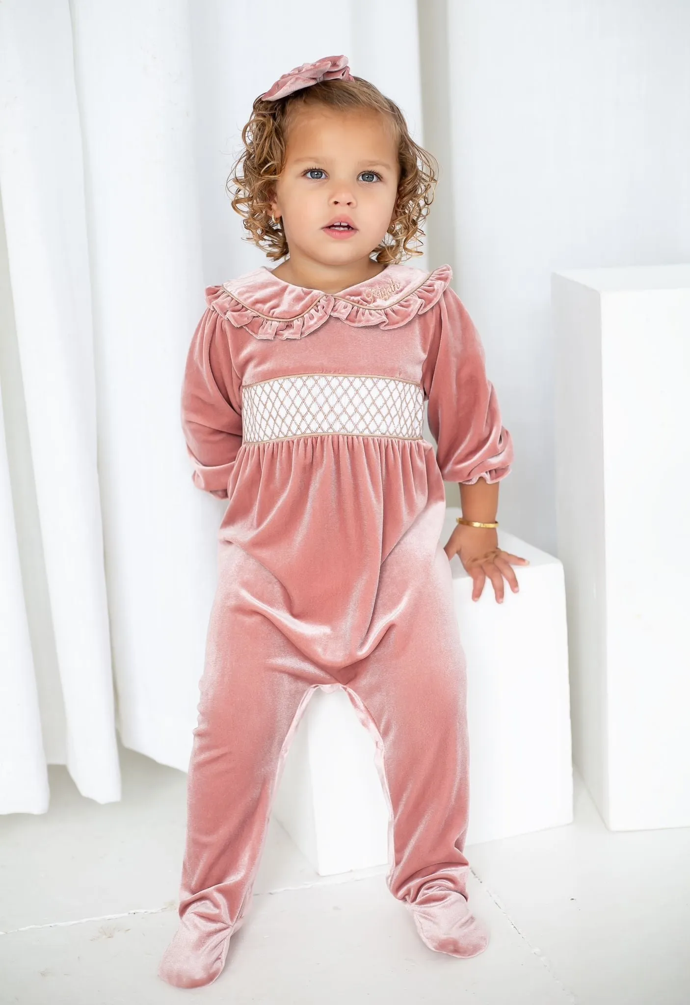 Girls Pink Luxe Smocked Baby Grow