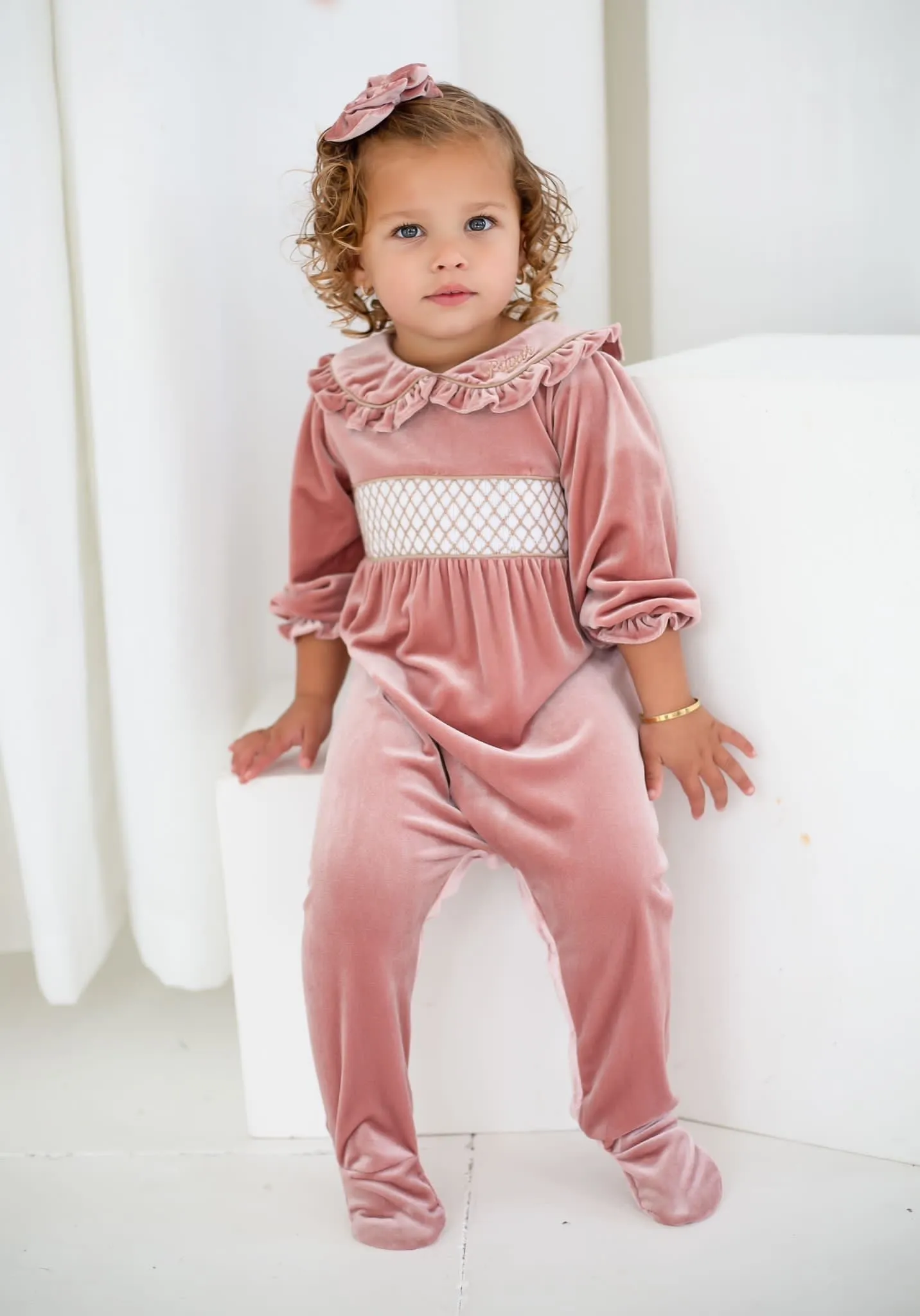 Girls Pink Luxe Smocked Baby Grow