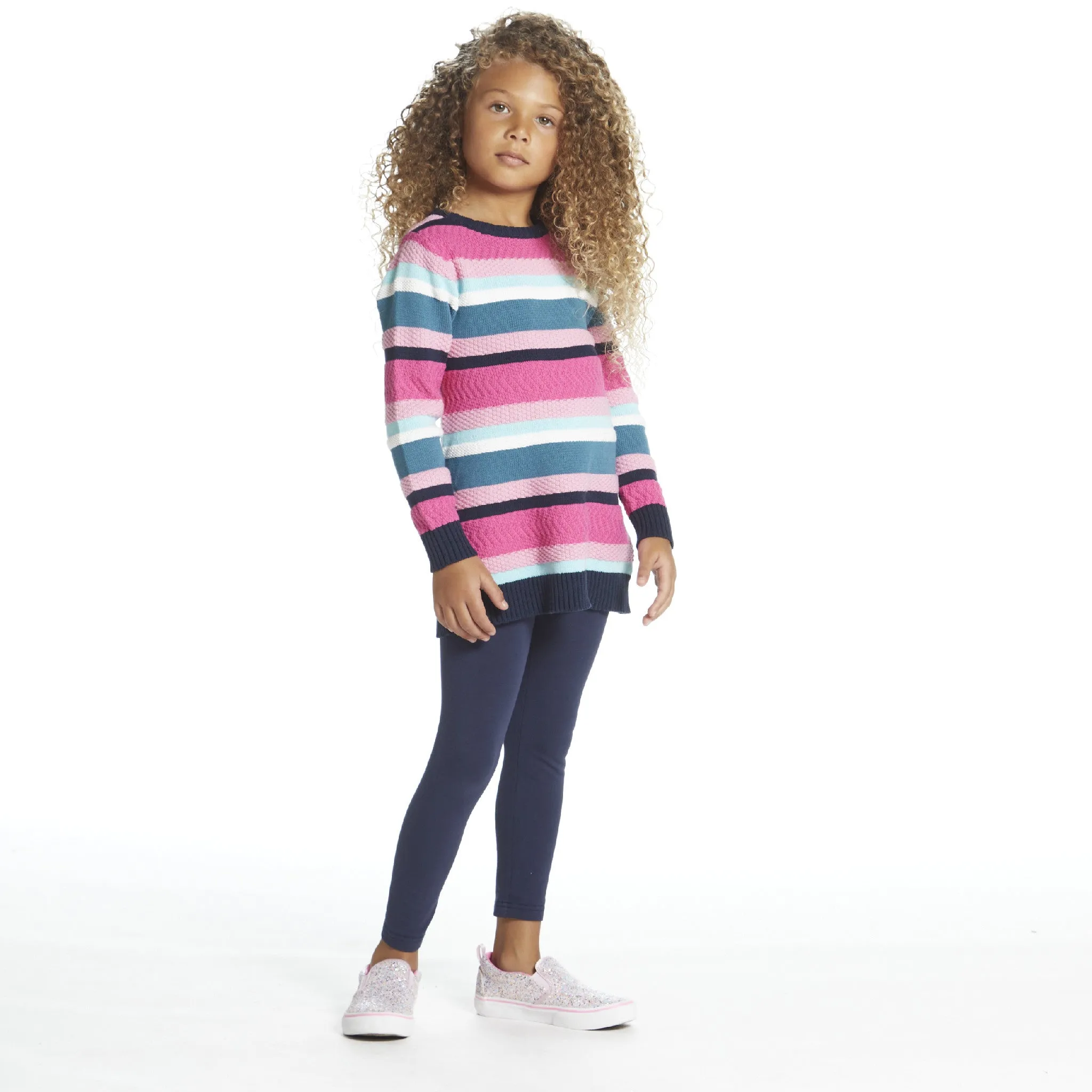 Girls Pink Navy Striped Knit Sweater Dress