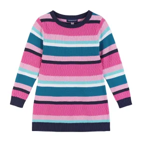 Girls Pink Navy Striped Knit Sweater Dress