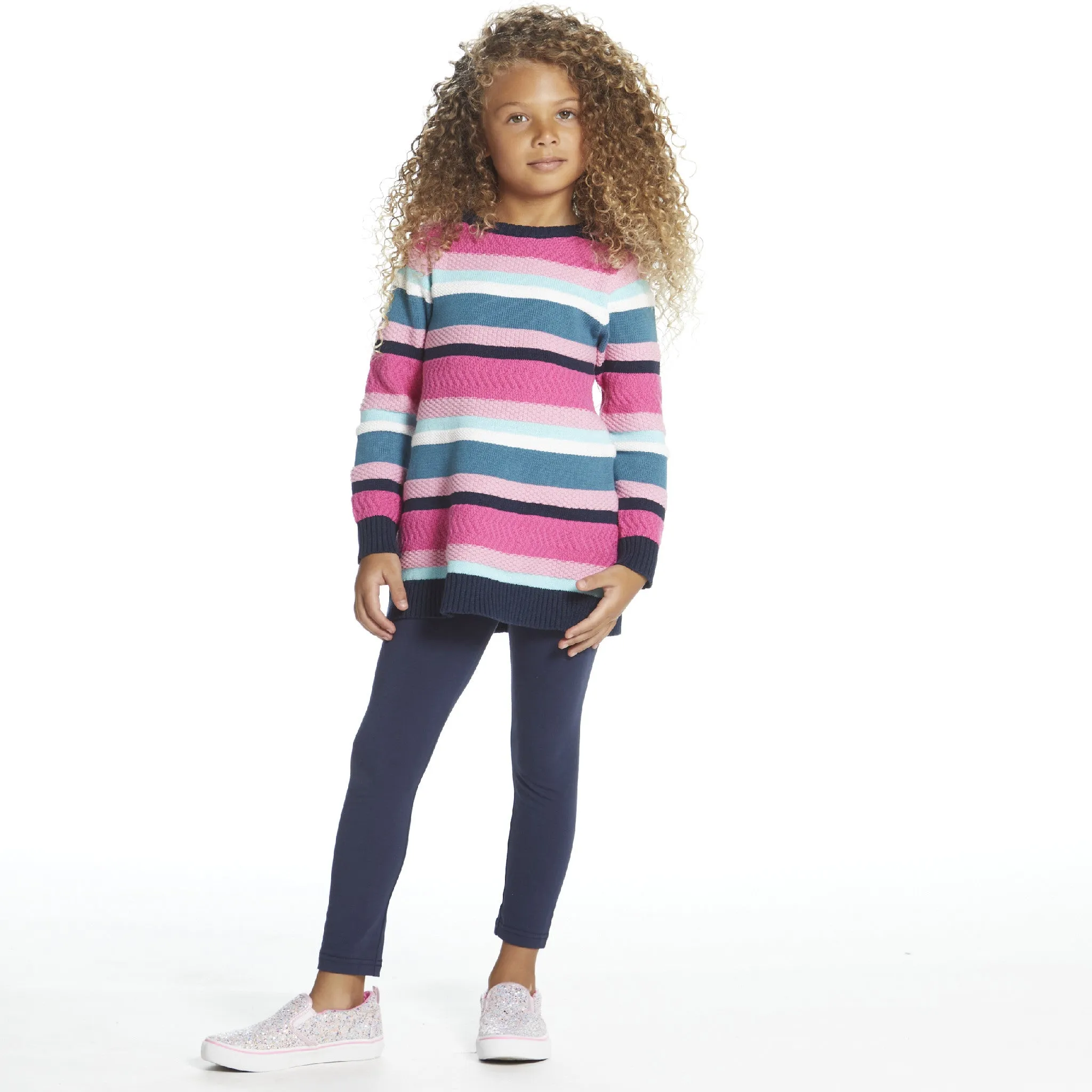 Girls Pink Navy Striped Knit Sweater Dress