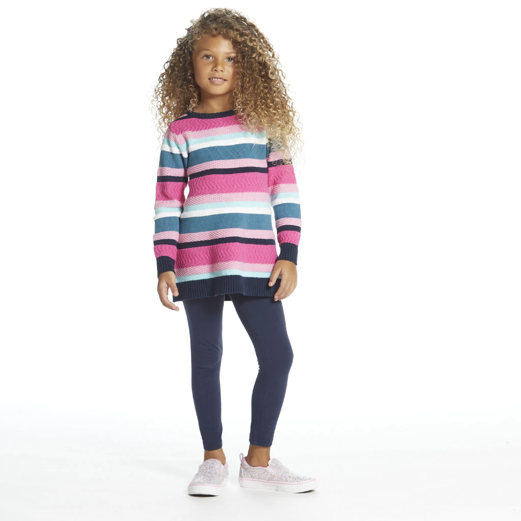 Girls Pink Navy Striped Knit Sweater Dress