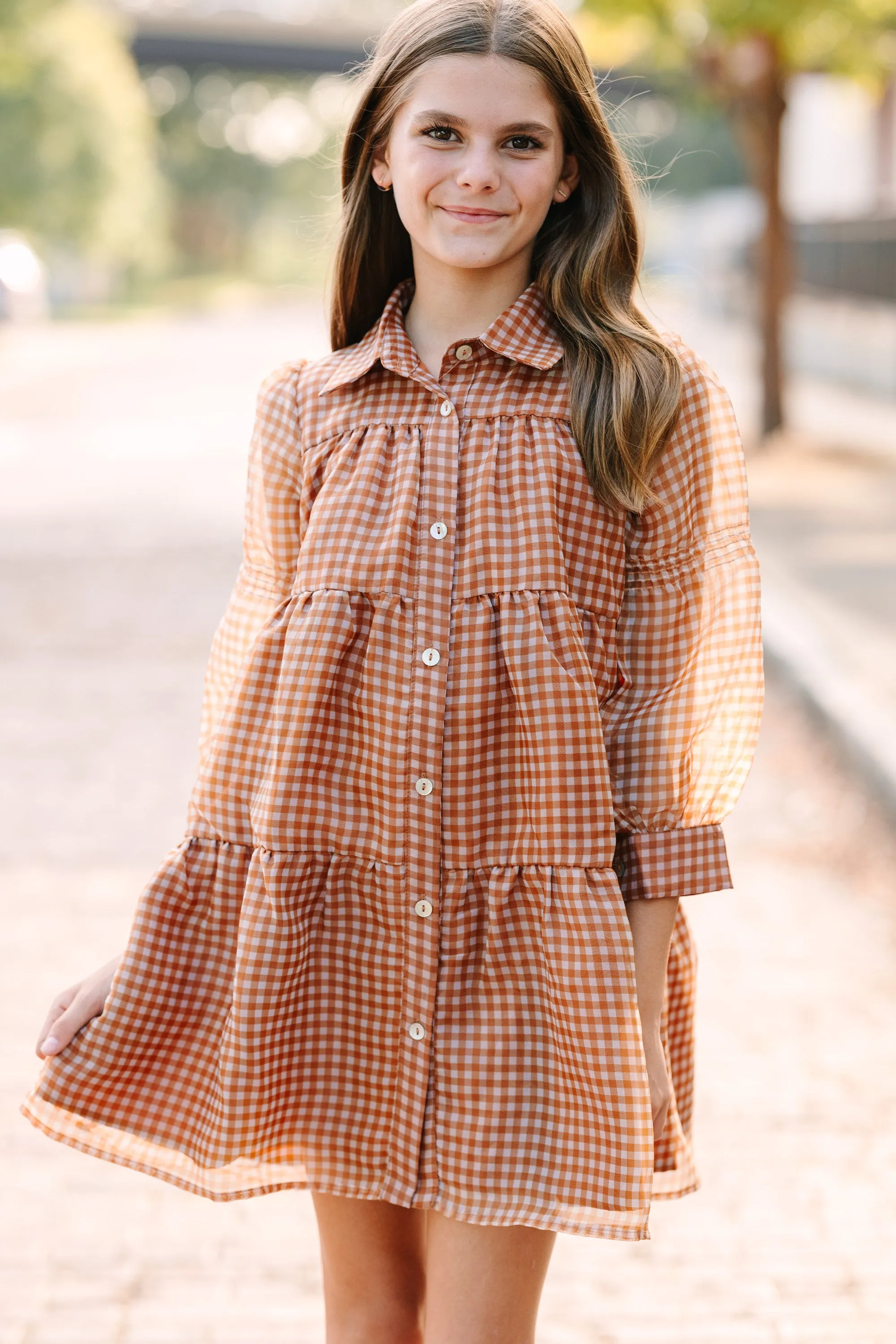 Chic Plaid Butterscotch Brown Dress for Girls - Stylish and Comfortable Design