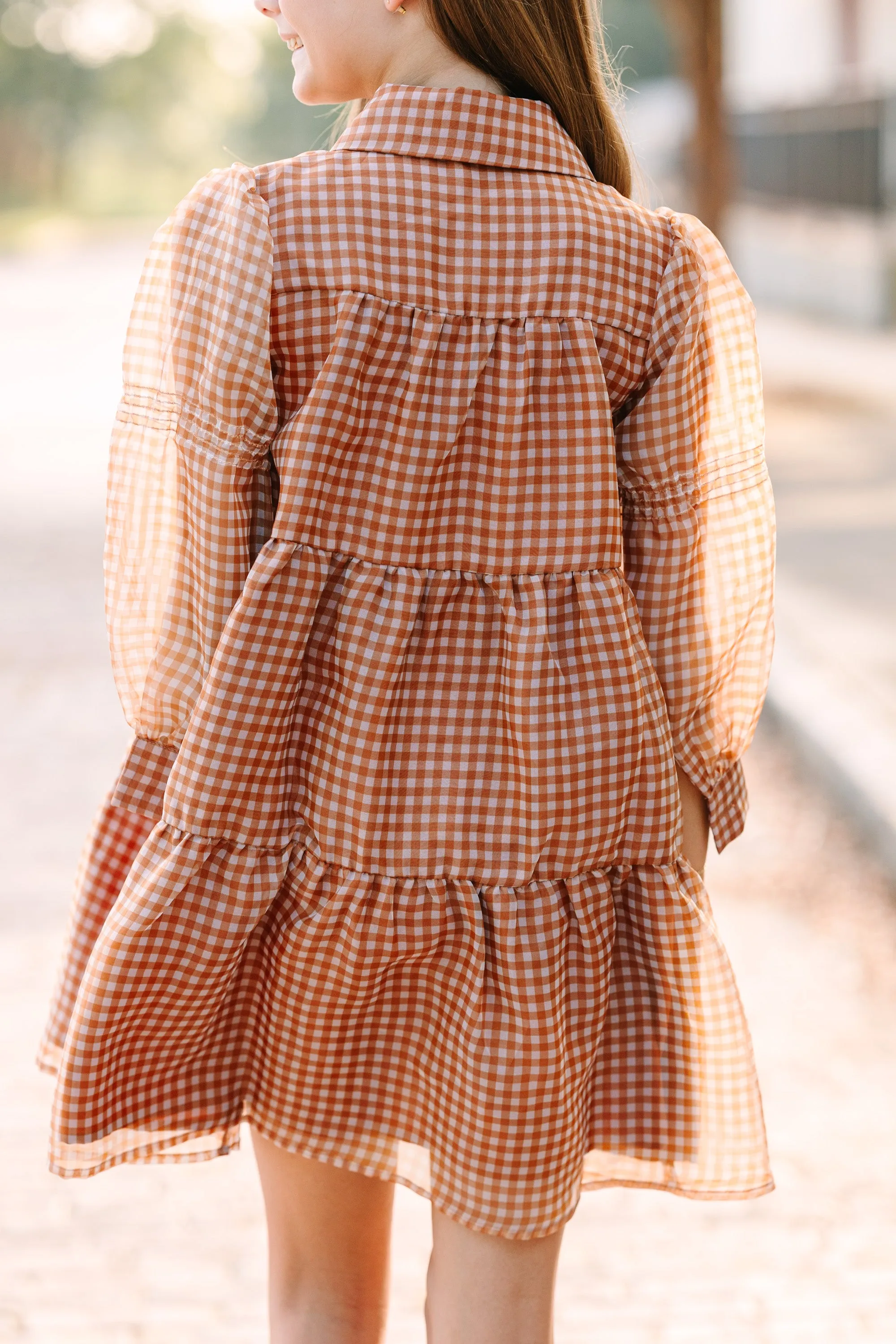 Chic Plaid Butterscotch Brown Dress for Girls - Stylish and Comfortable Design