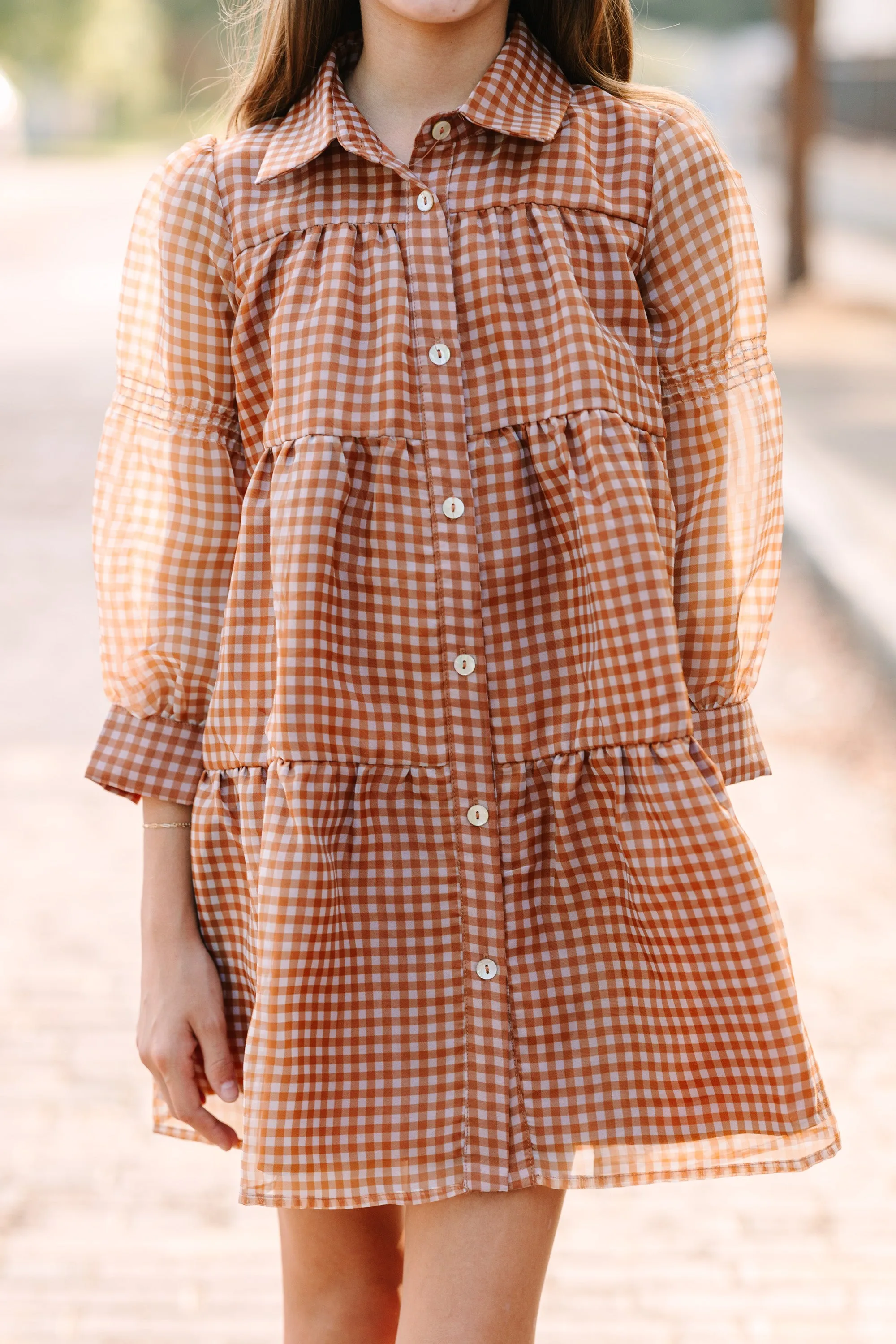 Chic Plaid Butterscotch Brown Dress for Girls - Stylish and Comfortable Design