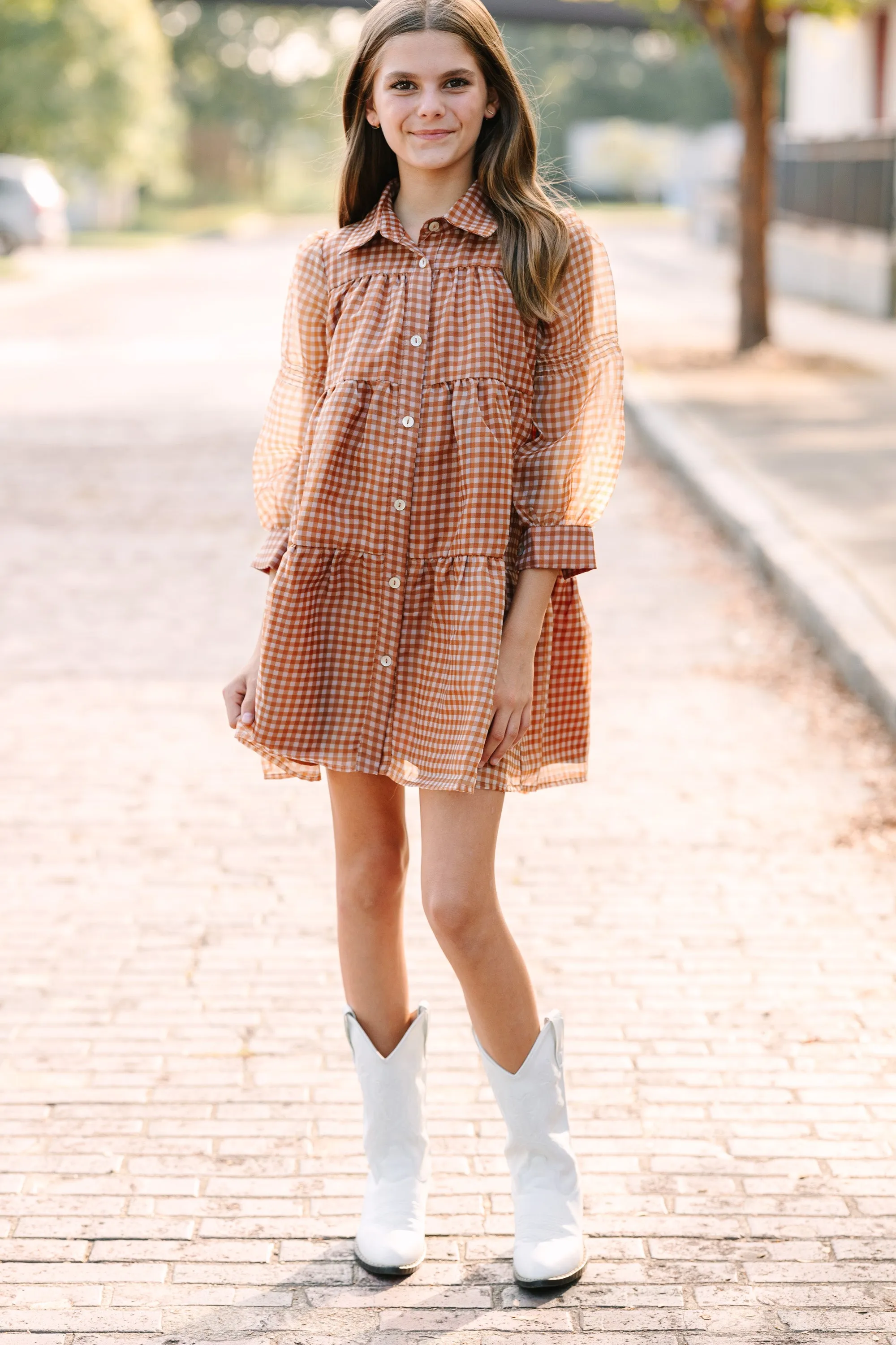 Chic Plaid Butterscotch Brown Dress for Girls - Stylish and Comfortable Design