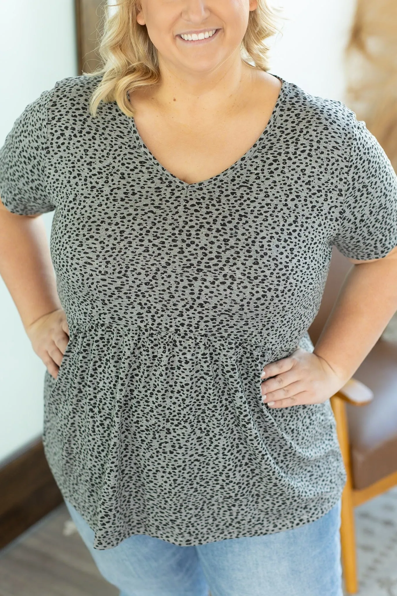 IN STOCK Sarah Ruffle Top - Grey Leopard