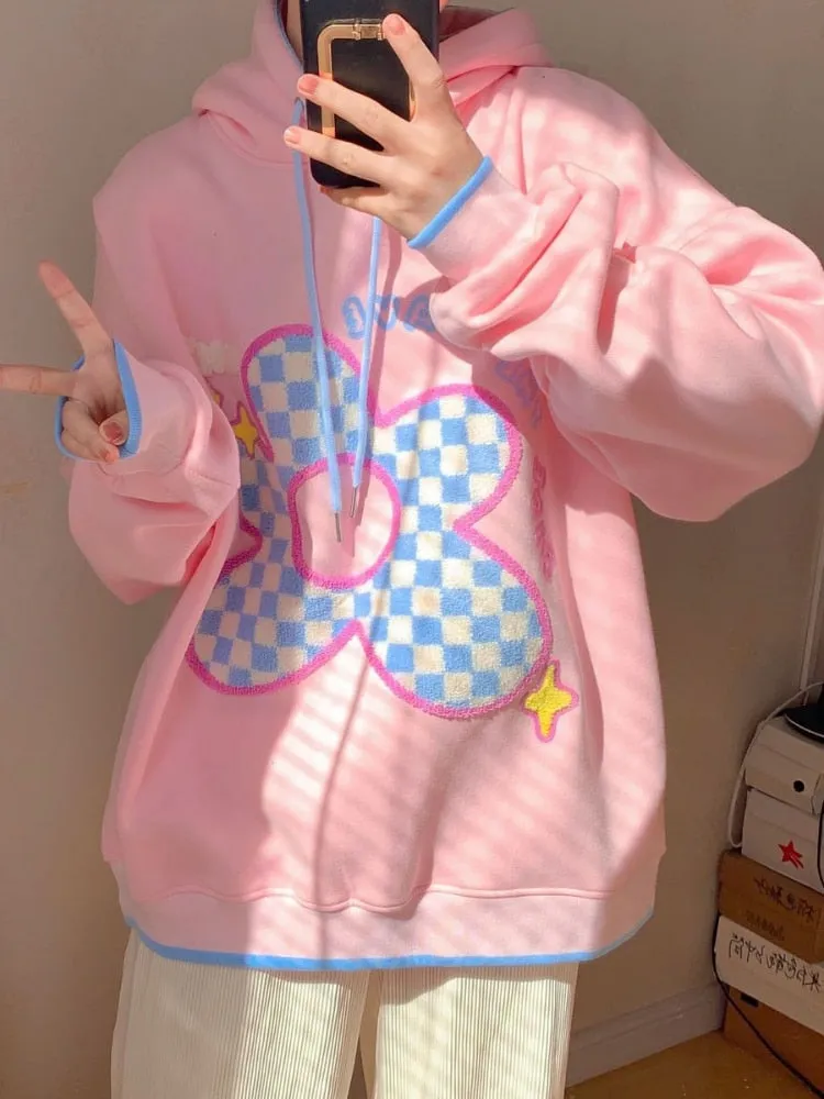 Kawaii Contrast Hoodie With Checkered Flower Print (S to 3XL!)