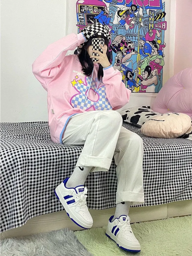 Kawaii Contrast Hoodie With Checkered Flower Print (S to 3XL!)