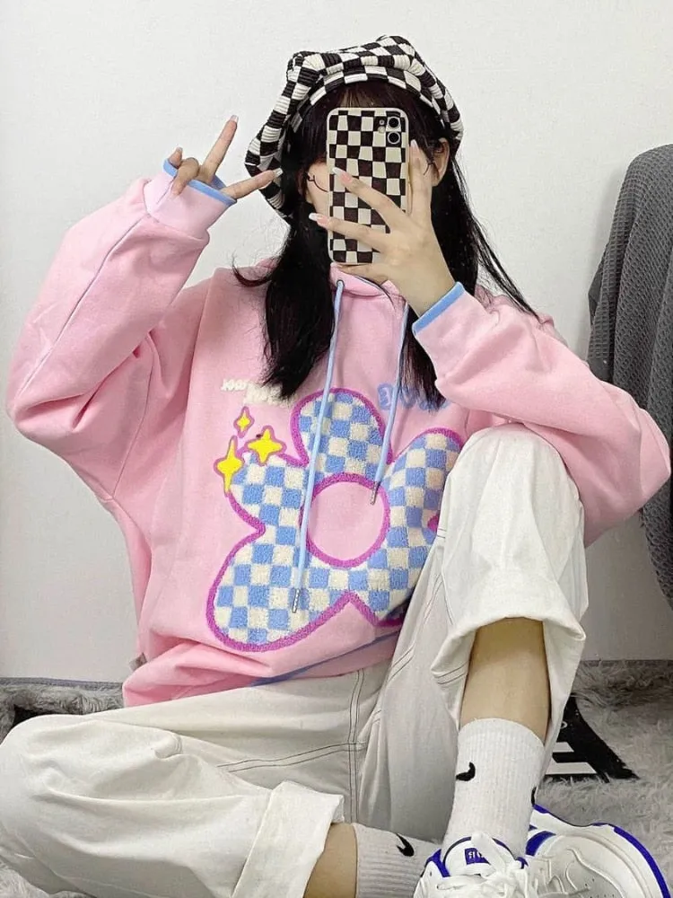 Kawaii Contrast Hoodie With Checkered Flower Print (S to 3XL!)