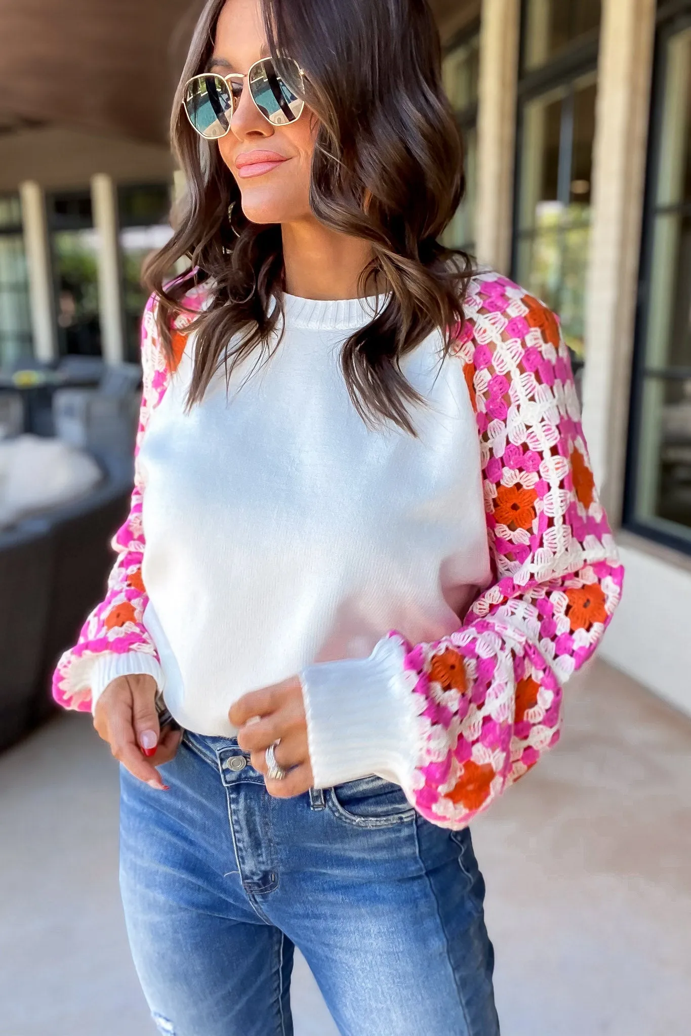 KNIT CROCHET DETAILED LONG SLEEVE SWEATER