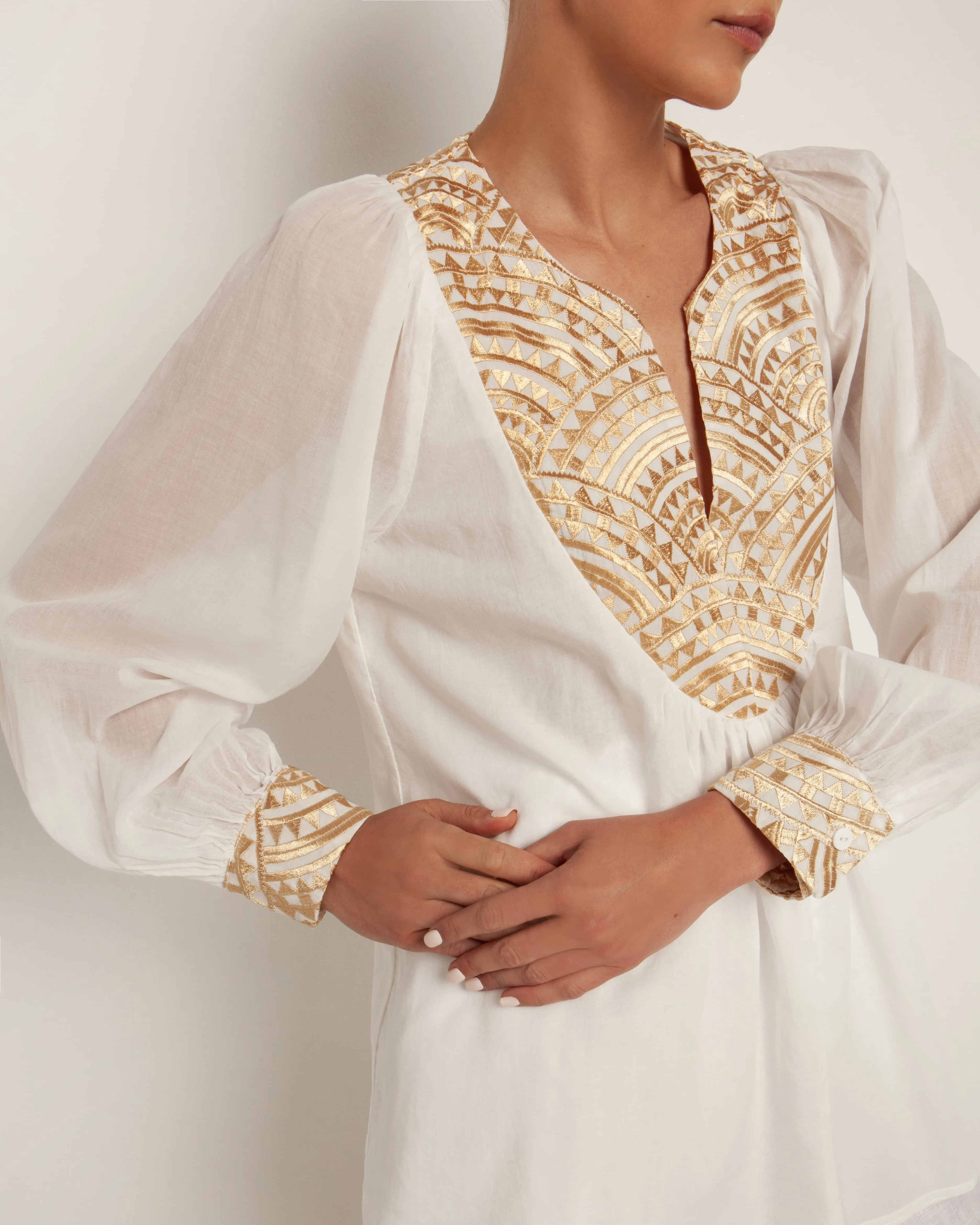 Kori Embroidered Cotton Blouse | White & Gold