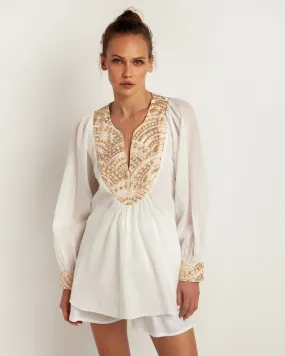 Kori Embroidered Cotton Blouse | White & Gold