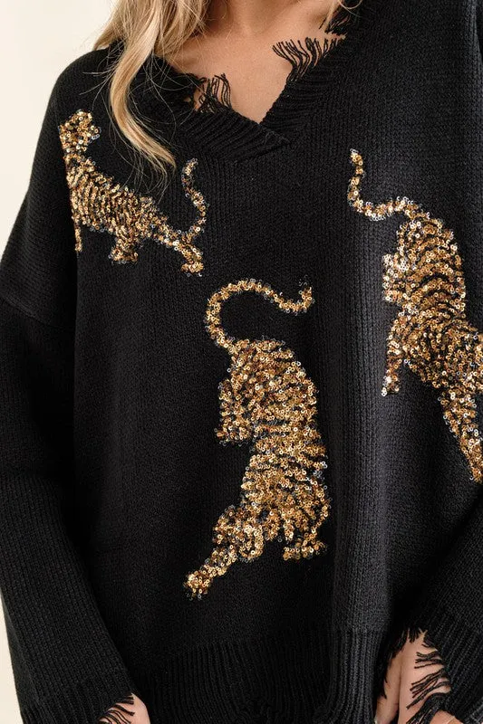 Let's Go Tigers Frayed Edge Sequin Tiger Sweater