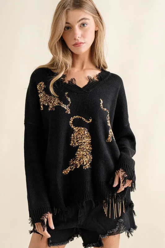 Let's Go Tigers Frayed Edge Sequin Tiger Sweater