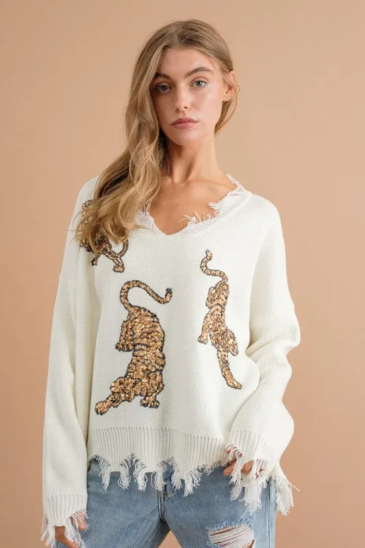 Let's Go Tigers Frayed Edge Sequin Tiger Sweater