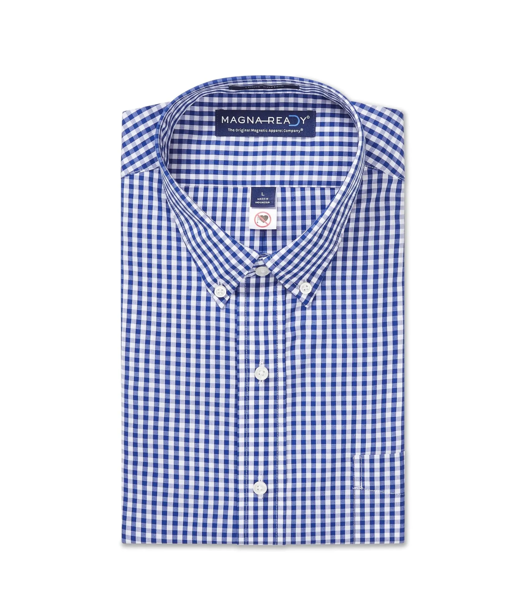 Long Sleeve Navy and White Classic Button Down Collar Plaid Shirt with Magnetic Closures