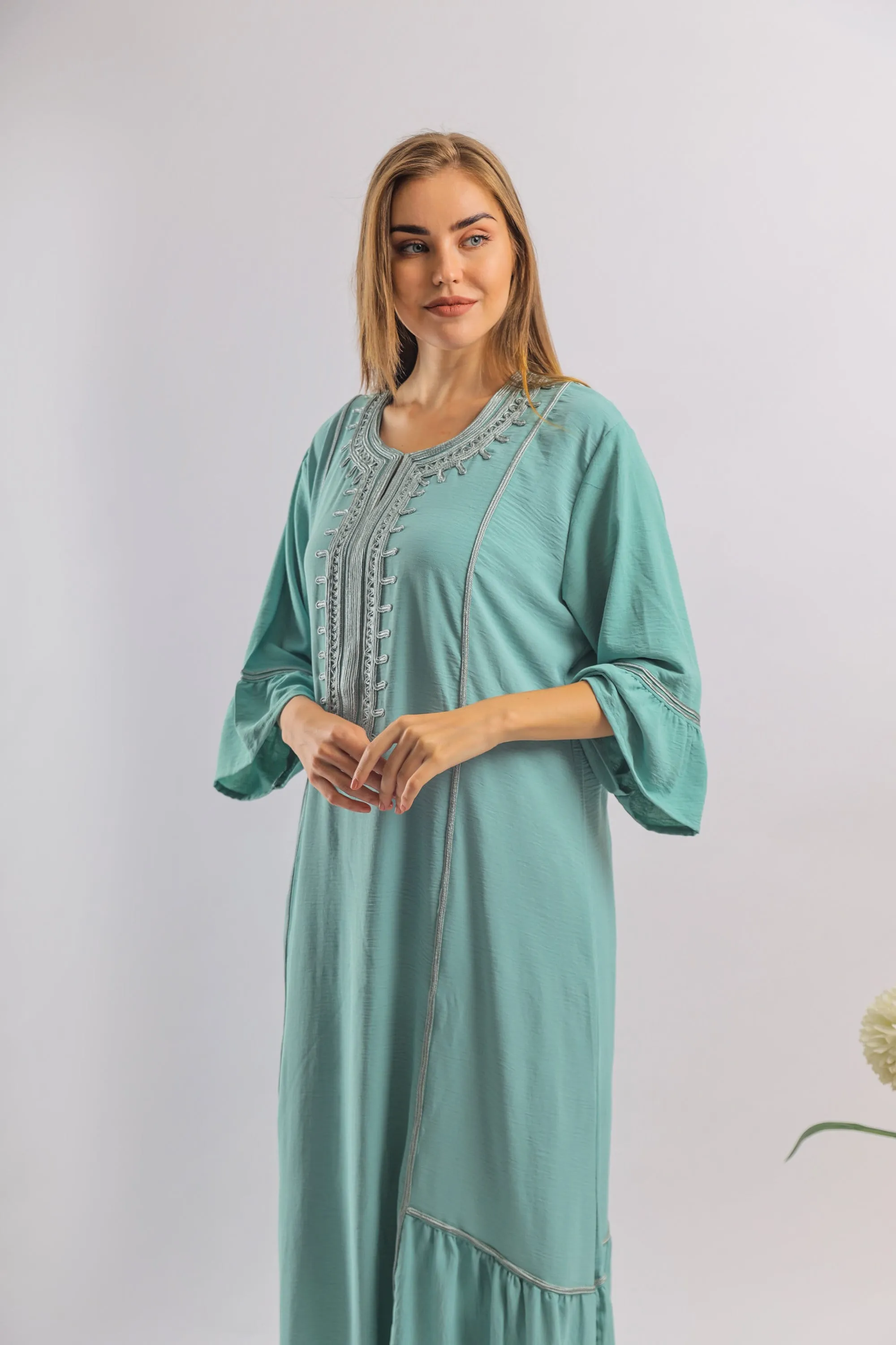 Luxurious light turquoise linen/cotton caftan, chic caftan, Summer Kaftan, Egyptian cotton/linen, Caftans for women, cotton caftan