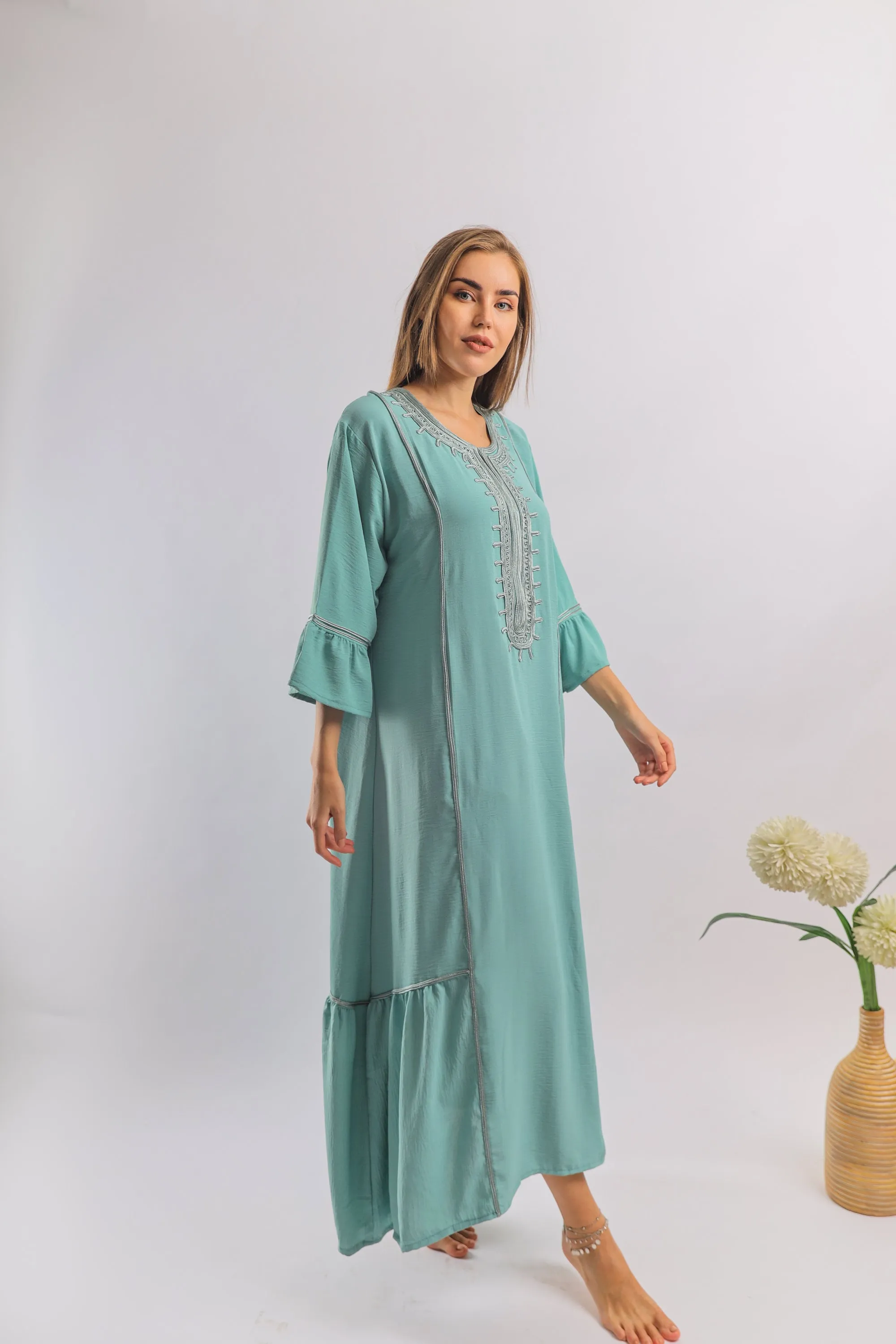 Luxurious light turquoise linen/cotton caftan, chic caftan, Summer Kaftan, Egyptian cotton/linen, Caftans for women, cotton caftan