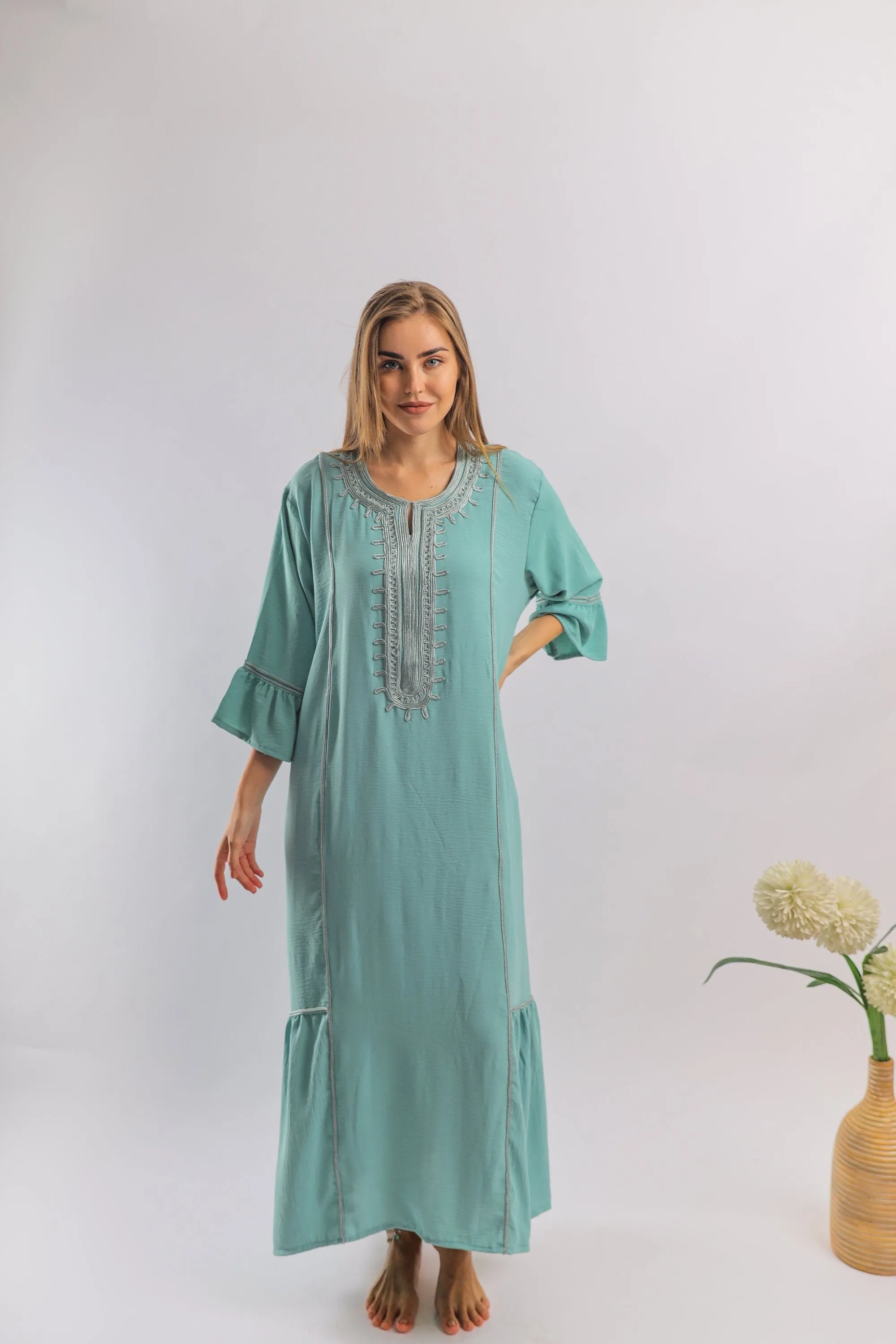 Luxurious light turquoise linen/cotton caftan, chic caftan, Summer Kaftan, Egyptian cotton/linen, Caftans for women, cotton caftan