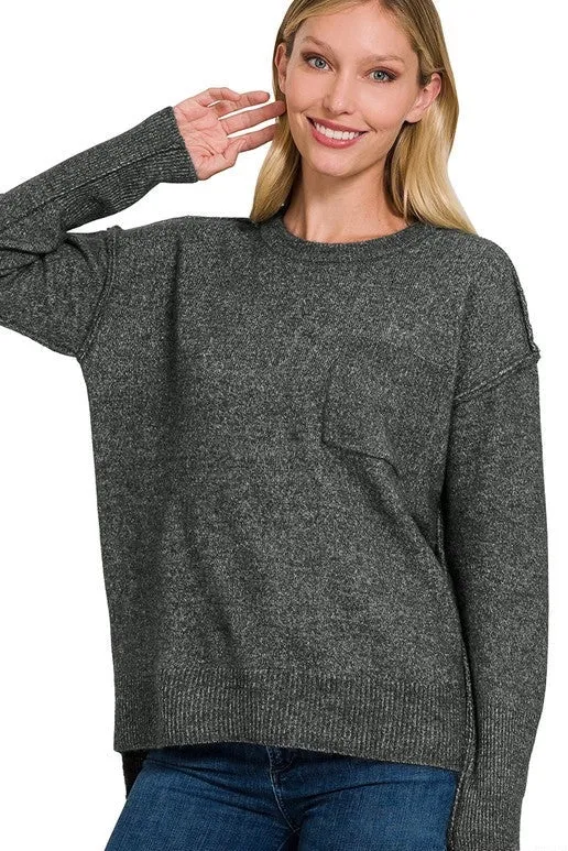 Melange Hi-Low hem Round Neck Sweater