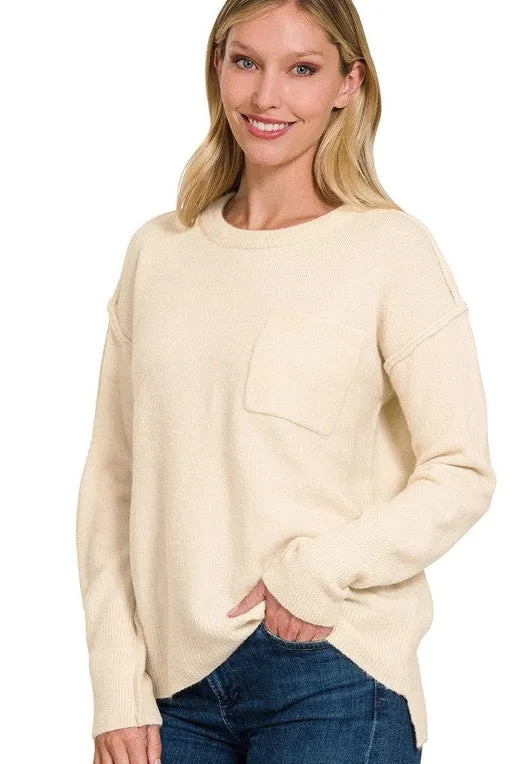 Melange Hi-Low hem Round Neck Sweater