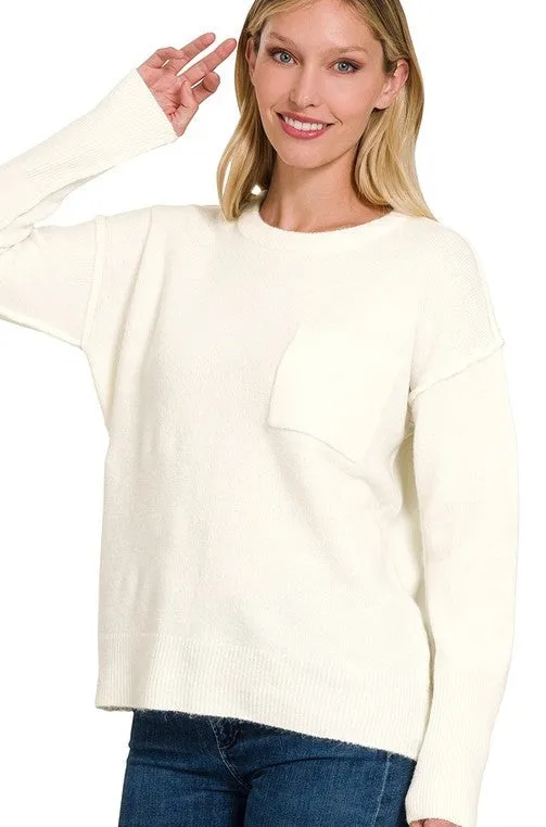 Melange Hi-Low hem Round Neck Sweater